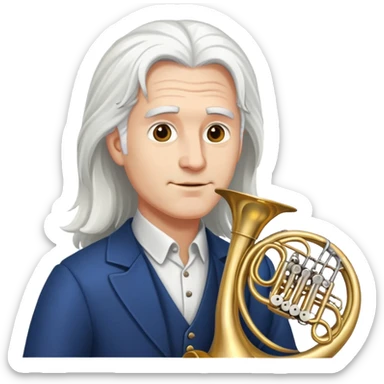 White hair guy with long hair and French horn sticker