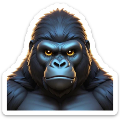 Cinematic Noble Gorilla Portrait Emoji, Poised and commanding, with a massive, muscular build cloaked in dense, rich fur and deep, soulful eyes, Simplified yet sharp and sophisticated features, highly detailed, glowing with a soft, dignified jungle glow, high shine, intelligent and formidable, stylized with an air of primate majesty, focused and authoritative, soft glowing outline, capturing the essence of a watchful guardian that feels as though it could step out of the screen with effortless authority! sticker