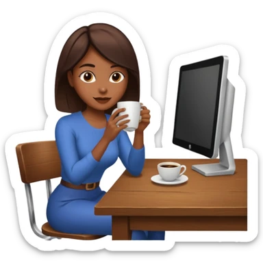mujer tomando cafe y con un computador sentada en una mesa  sticker