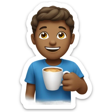 smiling boy in blue shirt with coffee and croissant  sticker