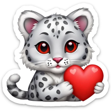 snow leopard with cat ears holding a red heart sticker