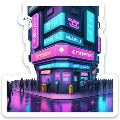 Cyberpunk street corner with neon blinking signage and holographic advertisements sticker