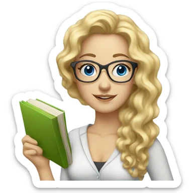 Woman teacher blonde long curly hair glasses blue eyes with book sticker