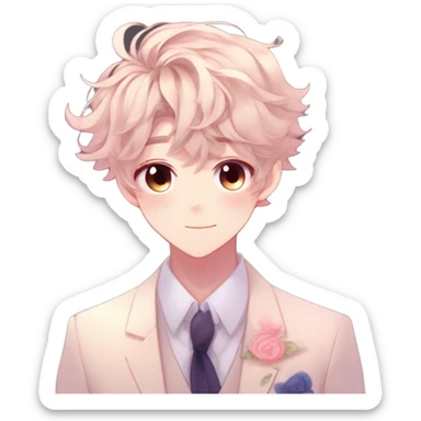 Gorgeous romantic hot attractive anime style formal modern gentlemanly anime shojo guy with pretty hair and flower petals and blushing face aesthetic trending style with colorful gradient colors  pastelcore cottagecore kawaiicore sticker