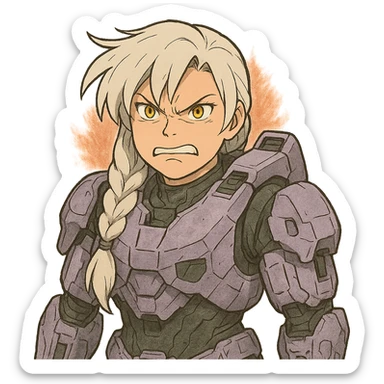making an angry scowl, frown closed mouth, rage face, rage aura,  female, wearing reach spartan armor shoulder-unequip, long white braid hair with massive messy front side single bangs, gold yellow eyes, attention pose, D-cup size, HALO:series, no helmet, the armor is lavender color scheme, sticker