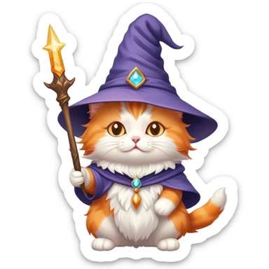 A cute cat with a pointy wizard hat and magic wand casting a spell sticker