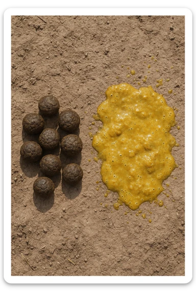 feci di animale a palline viste dall'alto e feci di animale liquide e gialline viste dall'alto, iperrealistico 4k sticker