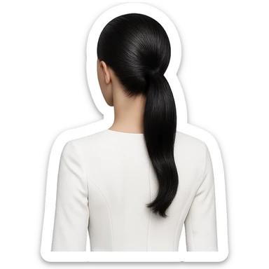 black sleek ponytail hairstyle, no head, white dress with sleeves, minimal and clean design sticker