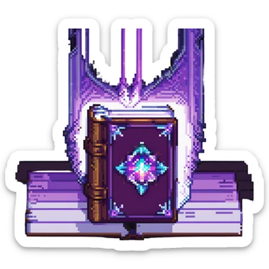 Minecraft-style enchanted book, pixel art, glowing purple aura, floating slightly, magical effect sticker