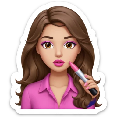 girl with long wavy brown hair, brown eyes, light to medium complexion, in a pink sexy shirt, pink lips, long lashes, puckered lips, putting on lipstick sticker