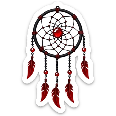 Blood-red, bloody, obsidian-black, edgy, dream catcher, red gemstones, black wires, black threads, tiny white skulls, sticker