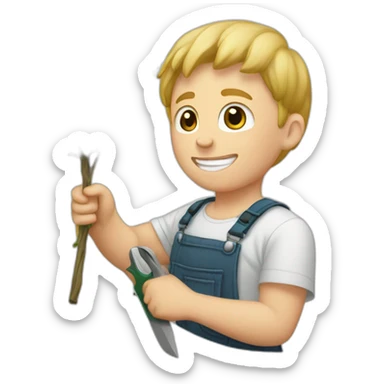 white kid trimming a decorative bush sticker