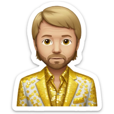Björn Ulvaeus from ABBA with dark blonde hair, yellow sequin shirt, white sequin suit jacket sticker