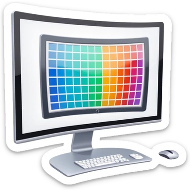 Create an emoji for 3D visualization and modeling. Show a 3D object with grid lines and a modeling tool (e.g., a mouse or stylus) on a big curved monitor. Use modern, professional colors. Do not include any emojis or smiley faces. Make the background transparent. sticker