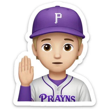 A Caucasian baseball player wearing purple hat praying sticker