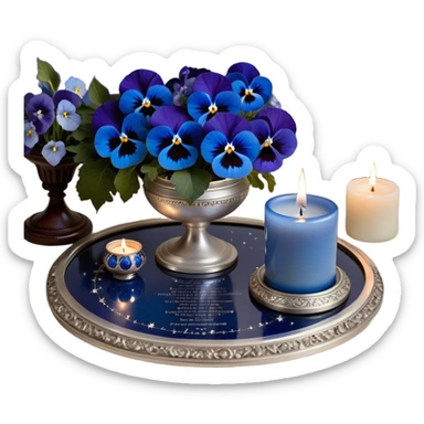 An enchanting night scene where deep blue and light blue pansies gently sway under the soft light of a silver crescent moon. A round, pearl-colored candle sits at the center of a sacred astrological altar, surrounded by silver-trimmed star charts and delicate planetary symbols glowing faintly in the twilight. Nearby, a beautifully crafted crystal sphere rests atop an ancient book of celestial wisdom, reflecting the constellations above. The sky is alive with swirling nebulae and zodiac glyphs, forming intricate cosmic patterns. A faint silver doorway, outlined by threads of lunar energy, shimmers in the background, hinting at hidden knowledge beyond the stars. sticker