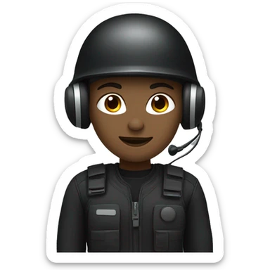 operator dressed in black with a milatary helmet, without glasses, wearing a headset, ready to respond to alerts, preferably female sticker