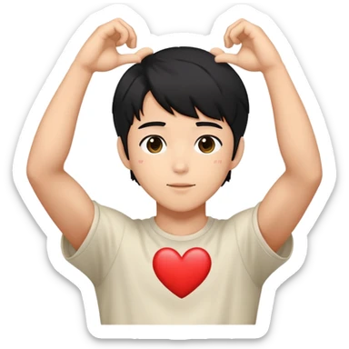 Black-haired male idol making a heart shape with his arms above his head, K-pop style sticker