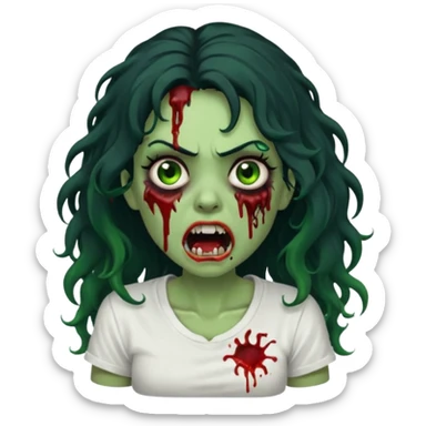 a zombie with long curly black hair volumoso, brown eyes, a white t-shirt and a splash of blood on her t-shirt, mouth open like a zombie, green skin color, not much expression, no drawing on shirt, no hands showing, less blood on her face,  sticker