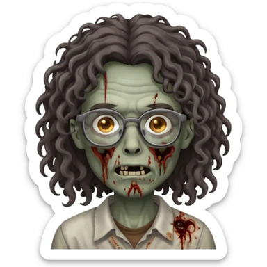 make a zombie with grey skin and long dark brown curly hair and glasses sticker