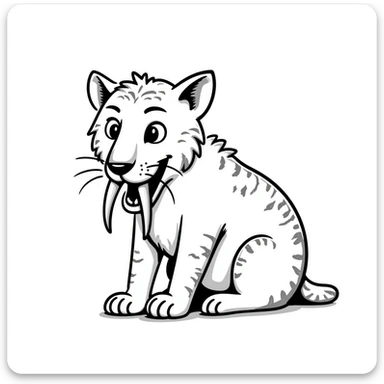 sketch of a saber-toothed cat with ludicrously long canine teeth that extend far below its body, extreme sword-like tusks sticker