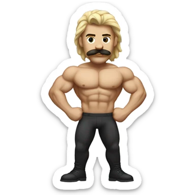 a flexing muscular man with a mustache and a mullet sticker