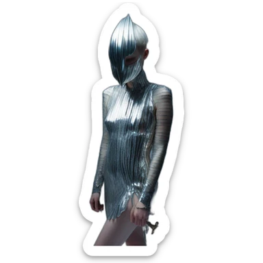 grimes, iris van herpen dress, sword, silver mask, Bathed in shadows, 90 degrees, short lighting, L USM, Cold Colors, hyper aesthetic sticker