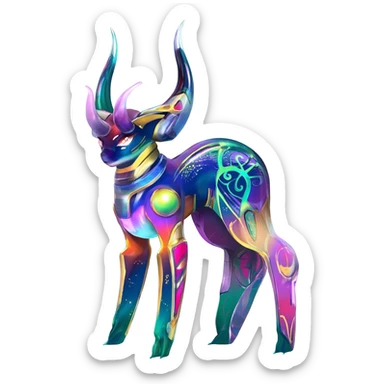 Shiny Horned Antenna’d Colorful Futuristic Ornate Oriental Painted Asian Fae-Vernid-Trico-Meloetta-Latias-Koraidon-Peppercat-Protogen-Pokémon-Digimon-Fakémon-fusion-hybrid-creature sticker