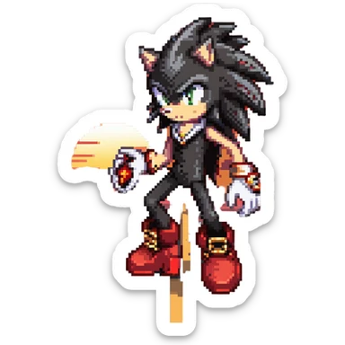 Shadow the Hedgehog on a broken highway at sunset, black and red fur, glowing red hover shoes, white gloves with gold rings, dramatic lighting, city skyline in background sticker