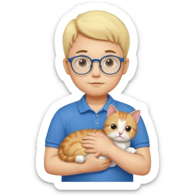 emoji ios, soft boy carrying a cat, light yellow skin, blue polo shirt, bespectacled, cute and a little plump, with slightly chubby cheeks. sticker