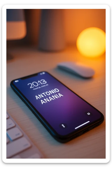 A photo of an iPhone on the desk with the message "Antonio Anania" on its screen, The phone sits atop a desk with a blurred background that suggests work environment. A faint glow from above casts gentle shadows across the surface of each object, creating depth and highlighting their textures sticker