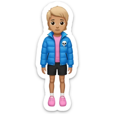 A skeleton with a white shirt blue puffer black shorts and pink slippers sticker