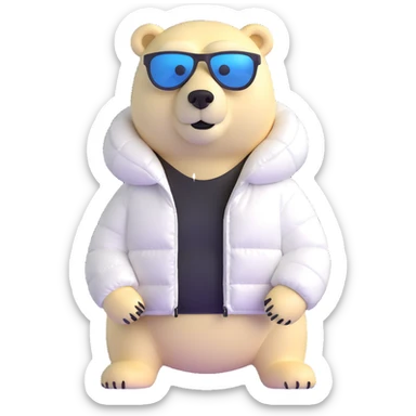 polar bear wearing a white puffer jacket and sunglasses sticker