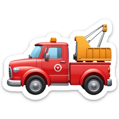 A 3D cartoon red tow truck pulling a small car, bright daylight, simple road background, Memoji-style realism. sticker