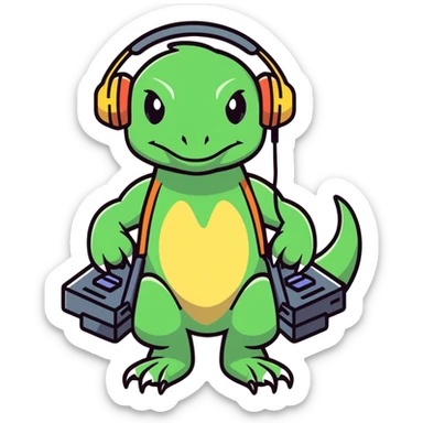 a gaming raptor, cartoon style, wearing headphones, playing video games sticker