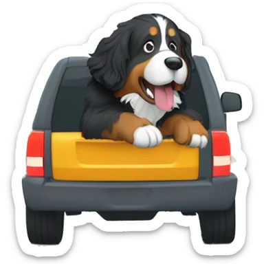 bernese mountain dog driving a gray SUV on a windy treelined road sticker