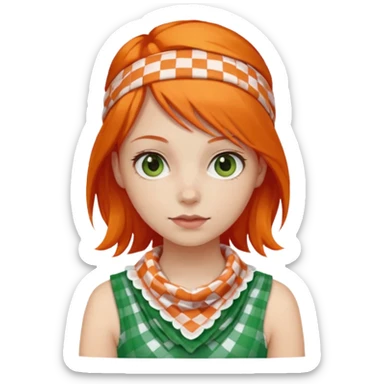 girl orange hair, wear red and white checkered bandana, green dress sticker