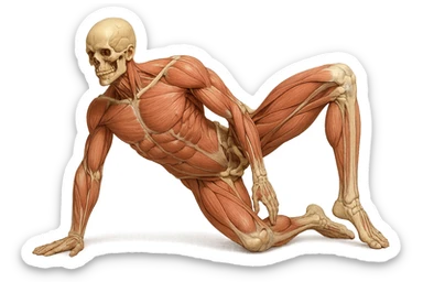 CORPO UMANO ANATOMICO REALISTICO CHE SVOLGE UN ESERCIZIO DI MOBILITà ALLE ANCHE, iperrealistico 4k sticker