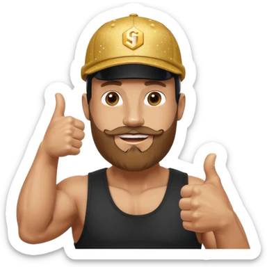 Bald bearded muscular man in cap giving thumbs up, Instagram logo, golden 500, sparkles, minimal emoji style sticker