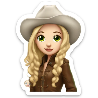 Realistic White girl with Long straight blonde hair, green eyes, tattoos, full body wearing Brown fur coat and fur hat and Brown leather boots, doing cute pose sticker