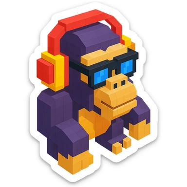 voxel style gorilla with sunglasses and headphones, isometric view sticker
