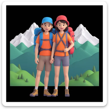 back packer couple posing, mountains in background,   close up pose sticker