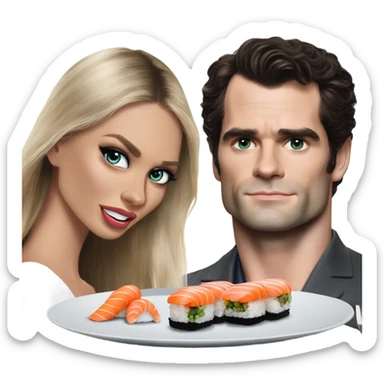realistic photo of Henry Cavill eating sushi with a beautiful  victoria secret model  sticker