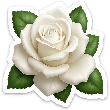 Create a 3D illustration of a white rose with leaves in the style of iOS Apple emoji. The rose should have voluminous petals and realistic leaves, on a transparent square background. Emulate the look and feel of Apple emoji style with detailed shading and smooth gradients. sticker