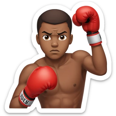 Close-up of a 19-year-old Black male boxer's face, determined expression, boxing gloves visible at the bottom of frame sticker