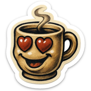 Ink wash style, coffee cup creature, big heart eyes, dopey smile sticker