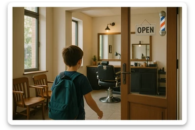 Sartaroshxonaga kirib kelayotgan bola sartaroshxona unchalik eski emas ammo yangi ham emsa sticker