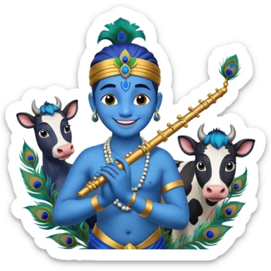 Krishna playing flute surrounded by cows, blue skin, peacock feather sticker