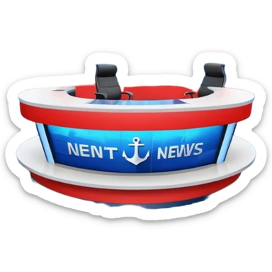 Professional news TV studio interior, modern anchor desk in center, large curved LED screen wall behind presenter, abstract global map graphics, blue dominant colors with red accents, symmetrical composition, broadcast-quality lighting, realistic 3D studio render sticker