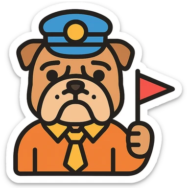 English bulldog as a tour guide, wearing a guide hat and holding a small flag, clean modern icon style sticker